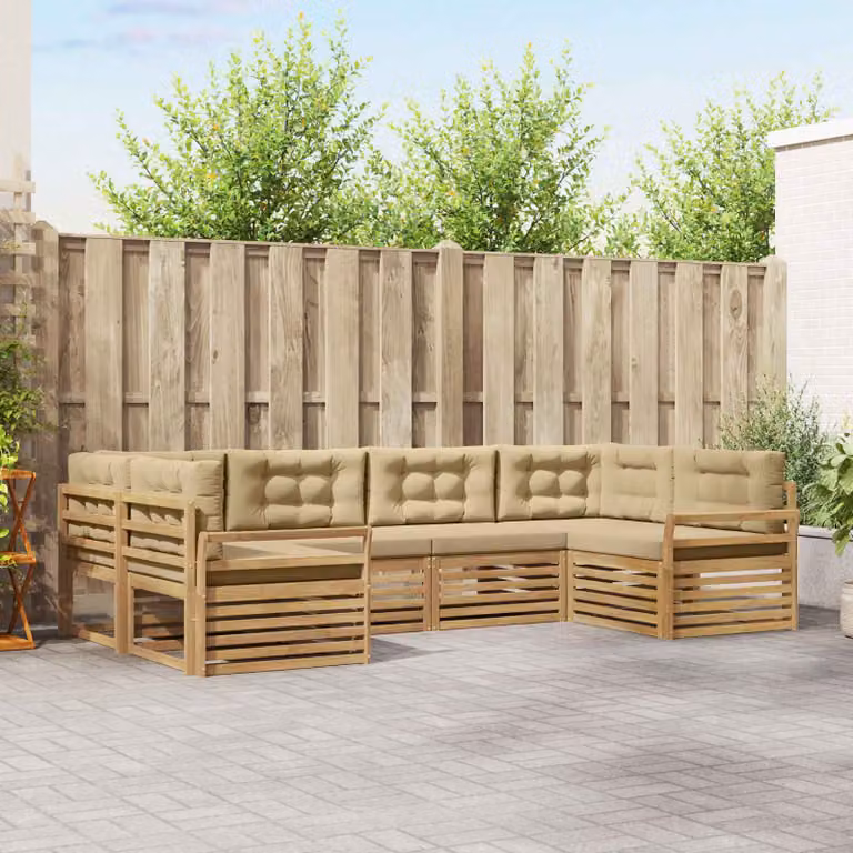 Set di divani da esterno vidaXL a forma di L composto da 6 pezzi in legno di acacia con cuscini bianchi e beige