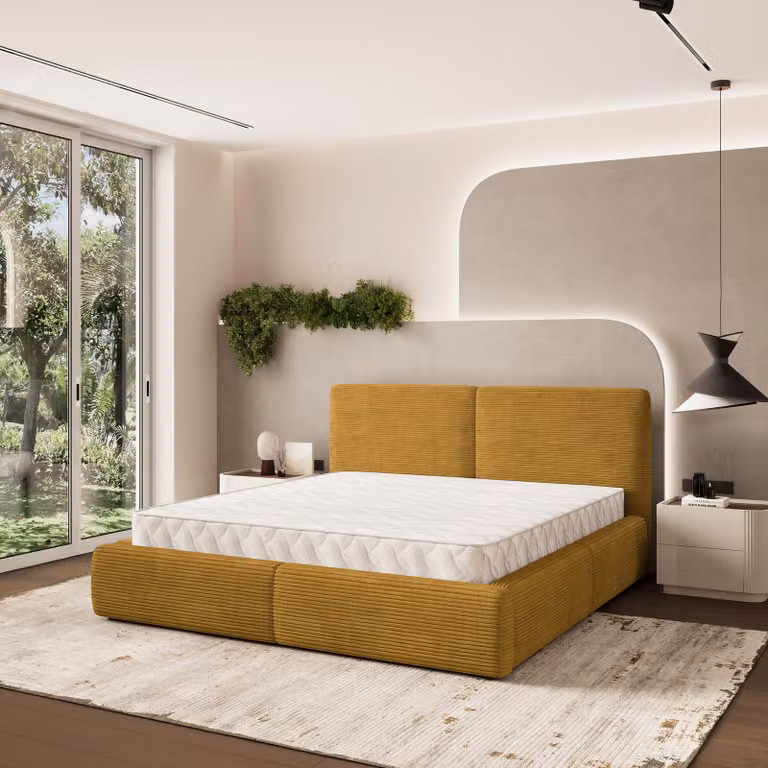 Letto imbottito Masseno FELURO 140x200 cm, letto imbottito con cassettiera -Giallo, POSO 01