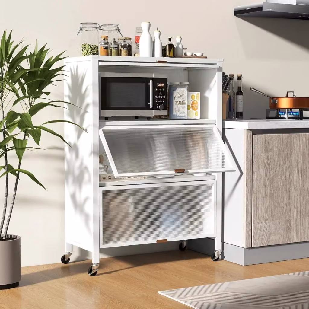 Credenza da Cucina Moderno COSTWAY Bianca con Ante in Vetro e Ruote, Armadietto Salvaspazio in Metallo L: 81 cm, P: 37 cm, H: 115 cm – 2