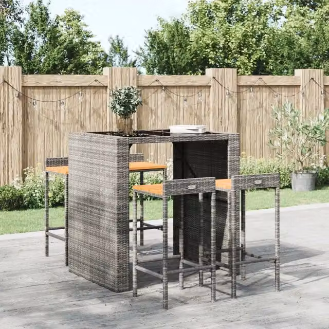Set di 4 sgabelli da bar moderni vidaXL in polyrattan grigio e legno di acacia per giardino e cucina