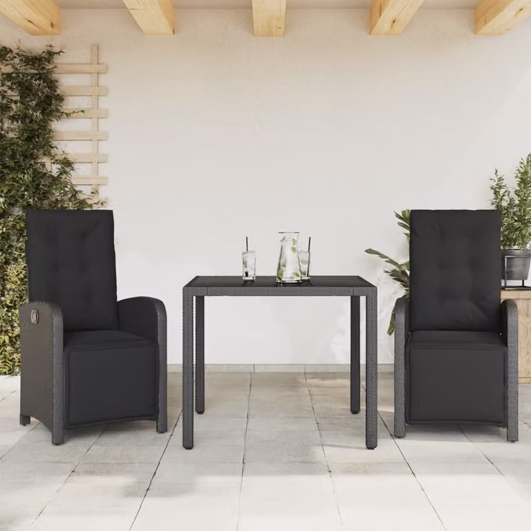 Set da Bistrò vidaXL 3 pz in Polyrattan Nero con Cuscini e Piano in Vetro per Giardino e Balcone