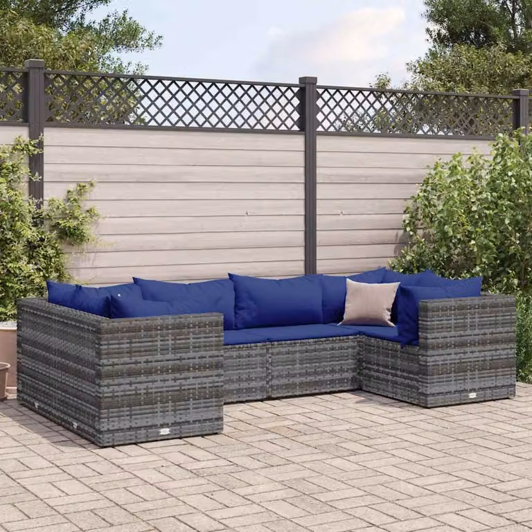 Set di divani da giardino vidaXL 6 pz in rattan con cuscini blu e grigio con struttura in metallo e design moderno a L
