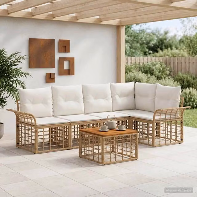 Set di divani da esterno vidaXL a forma di L con tavolo da caffè, composto da 6 pezzi in stile rustico, colori beige, bianco e marrone, con struttura in metallo e cuscini inclusi