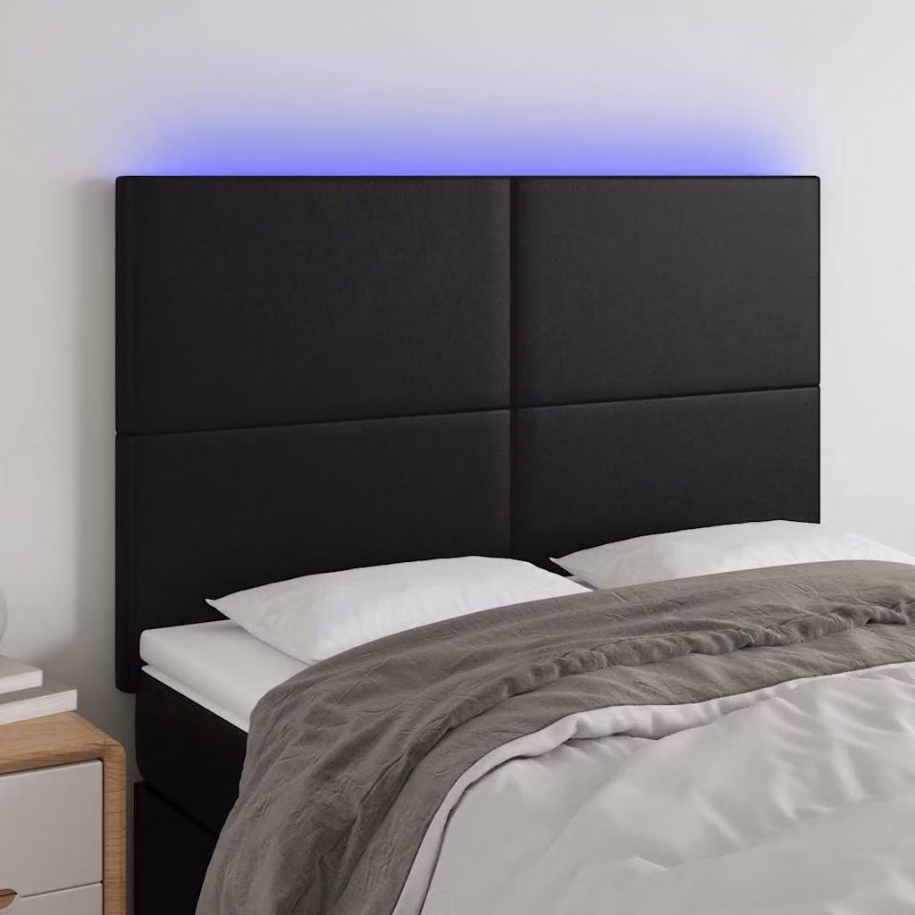 Testiera per letto vidaXL in similpelle nera con illuminazione LED integrata e porta di ricarica USB, L: 144 cm, P: 5 cm, H: 118-128 cm