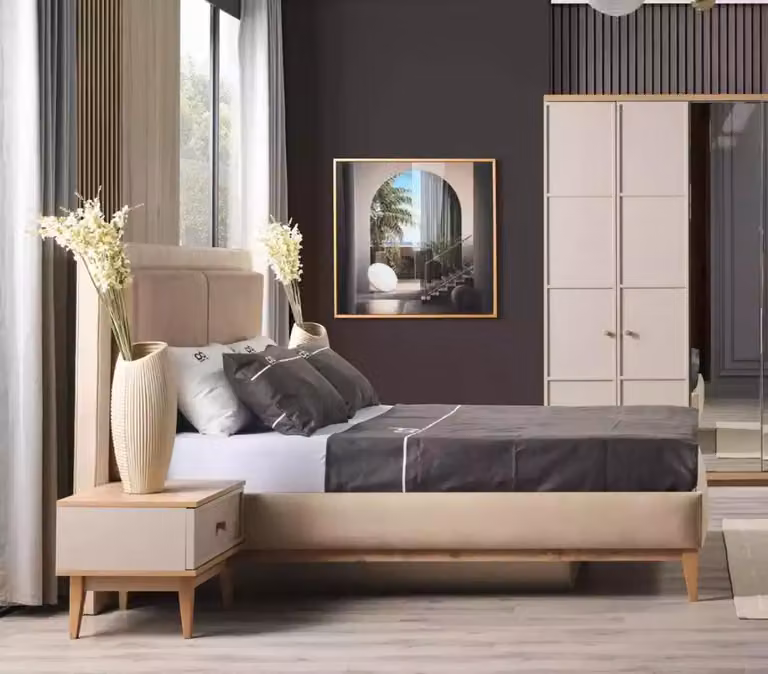 Camera da letto + 2x comodini in legno Completo moderno beige
