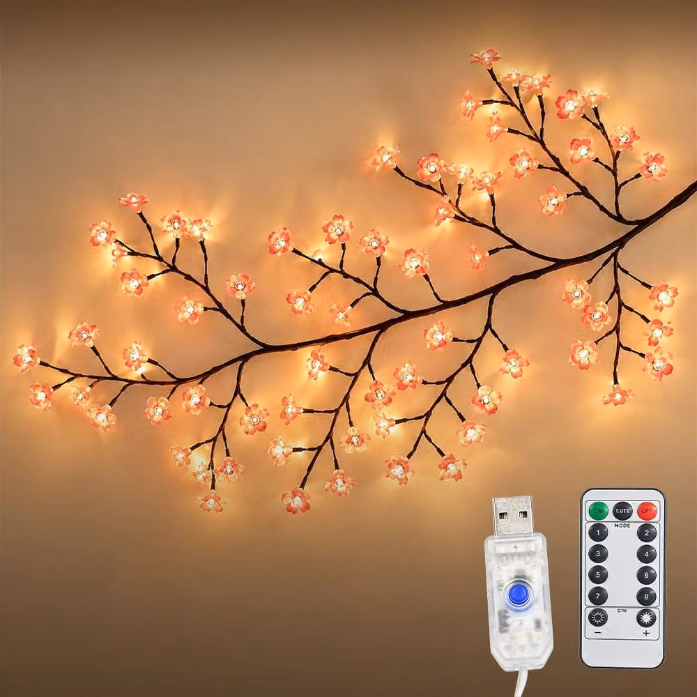 Catena luminosa a forma di fiori di ciliegio, lunghezza 1,8 metri, 96 LED, alimentazione USB, telecomando, 8 modalità