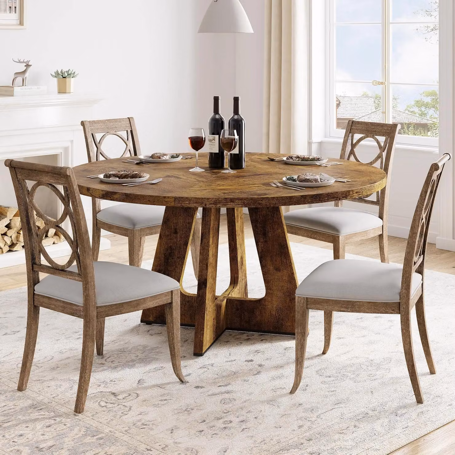 Tavolo rotondo da pranzo – Tavolo per la sala da pranzo per 4-6 persone – 120 × 120 × 75 cm – Base in legno – Stile vintage