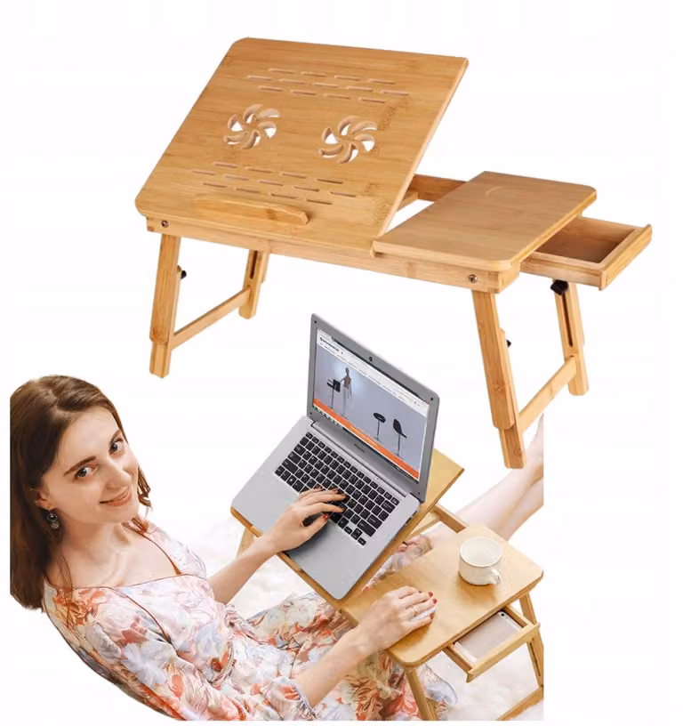 Tavolino pieghevole in bambù per laptop, ideale per il letto | regolabile in altezza e inclinazione, con cassetto | tavolino da letto