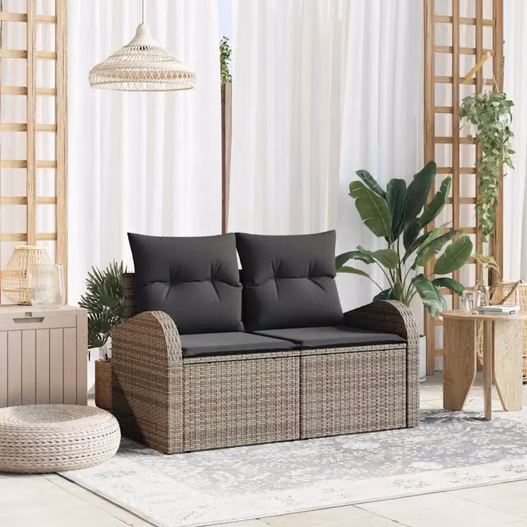 Divano da giardino vidaXL in polyrattan grigio con cuscini, L: 124 cm, P: 62 cm, H: 69 cm