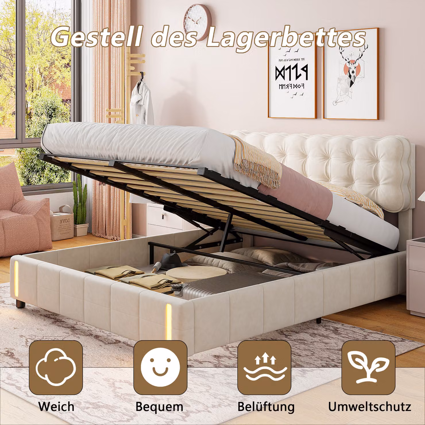 UnboxG Letto imbottito 140x200cm con rete a doghe e contenitore, letto a molle con rete a Led, letto matrimoniale contenitore letto funzionale in velluto, beige