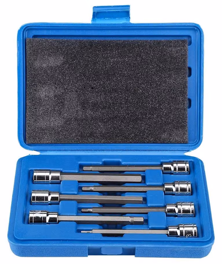 Set di bussole a Esagono esagonale, 7 pezzi - Extra lungo, 110 mm - Acciaio cromo-vanadio - Set di strumenti per la riparazione - Robusta custodia - Punte di precisione