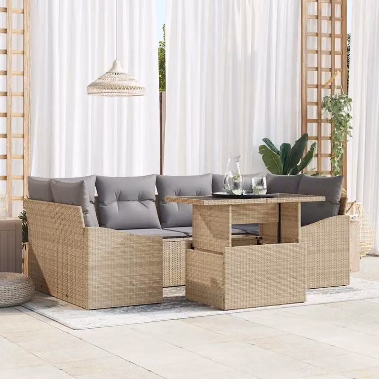 vidaXL Set Divano da Giardino 7 Pezzi in Polyrattan con Cuscini Beige e Grigio
