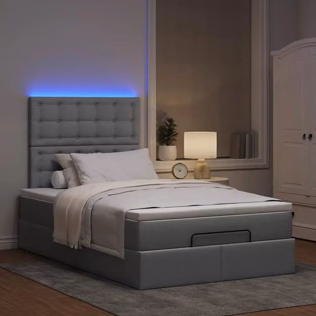 Letto moderno vidaXL con base a sollevamento, materasso a molle e illuminazione sottostante, colori grigio e bianco, L/P/H: 200 x 120 x 28 cm