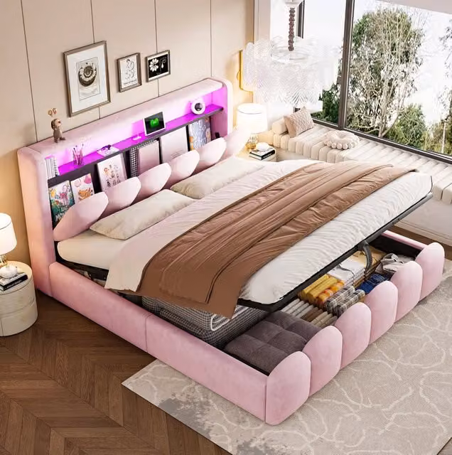 Letto imbottito in velluto 180×200 cm con contenitore idraulico; LED; USB e Type-C; rosa