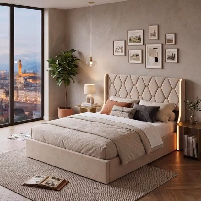Letto Matrimoniale 160 x 200 cm;Letto Contenitore con contenitore idraulico;Testiera imbottita con LED;Velluto;Beige