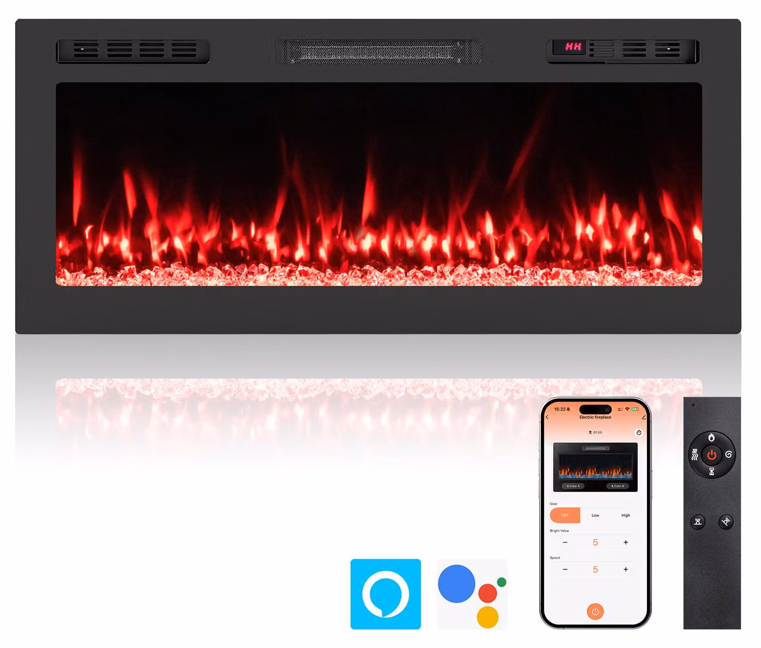 COSTWAY, camino elettrico da 42 pollici con riscaldamento da 750W/1500W, 12 colori di fiamma e brace, camino elettrico con controllo remoto/app, da montare a parete o da incasso