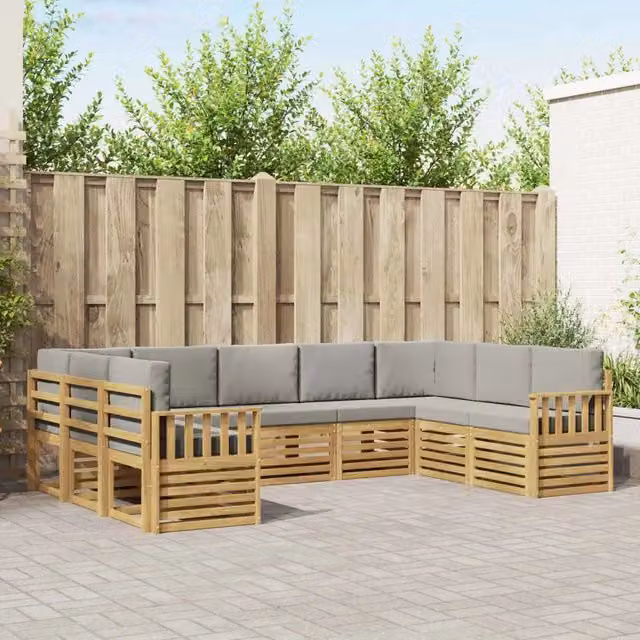 Set di divani da esterno a L vidaXL in legno di acacia con cuscini, Bianco e Grigio – 1