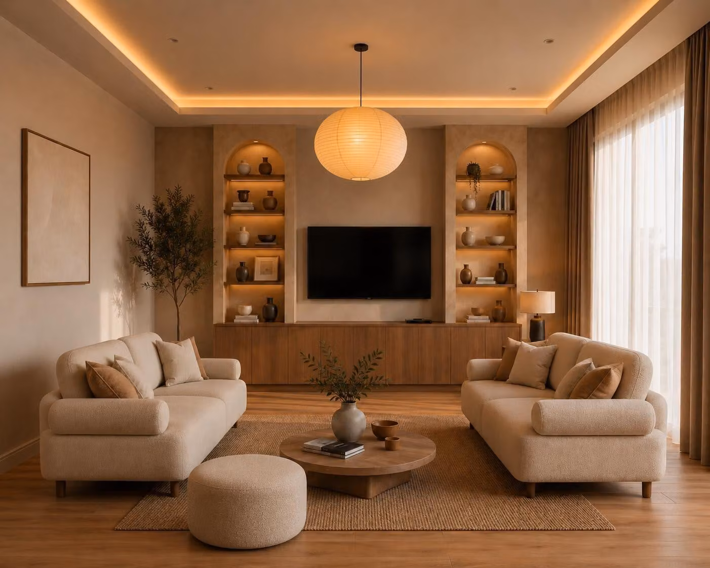 Elegante set di mobili per soggiorno composto da due divani a tre posti e un poggiapiedi coordinato, color beige