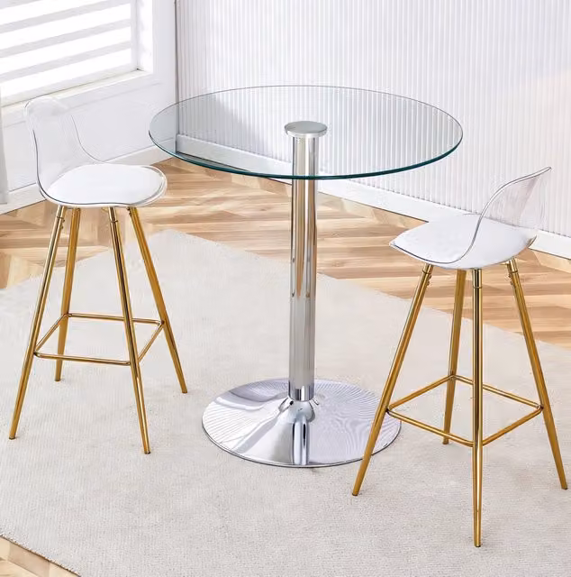Set Bar con Tavolo Rotondo in Vetro Ø 89 cm e 2 Sgabelli con Gambe Dorate