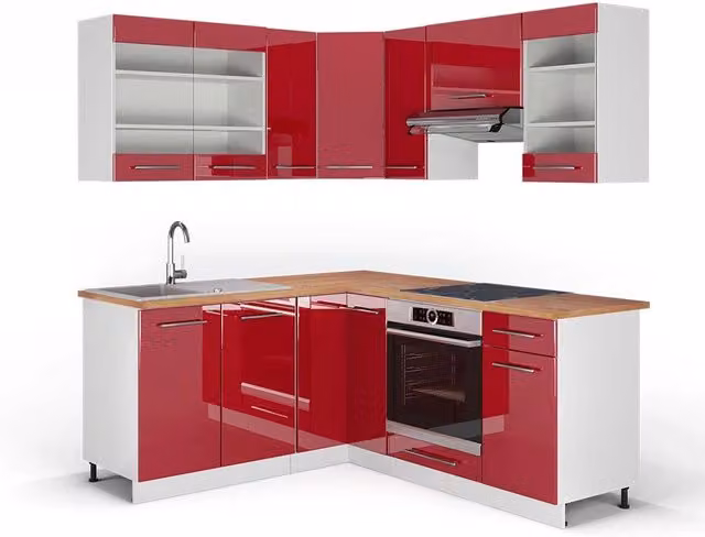 Cucina angolare moderna Fame-Line Vicco Bordeaux lucido e Bianco con piano in Rovere L/P/H: 190 x 160 x 60 cm – 1