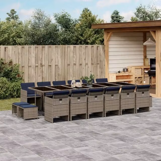 Set da pranzo da giardino vidaXL in polyrattan con cuscini e tavolo in vetro da 17 pezzi, Grigio – 1