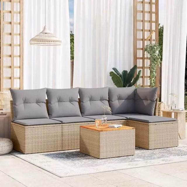 Set Divano da Giardino 6 pz con Cuscini-Sofa da Giardino-Divanetto da esterno Beige in Polyrattan 462097