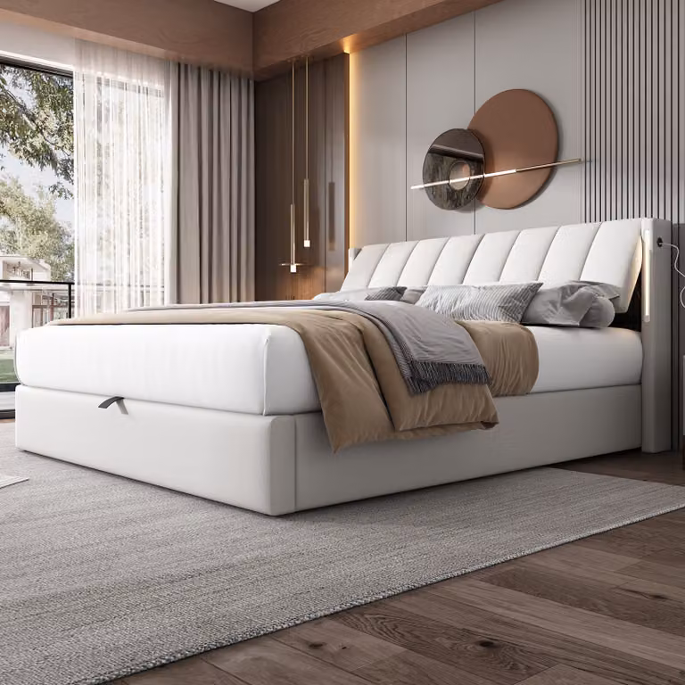 Letto imbottito STILVORA 160x200 cm con contenitore idraulico e testiera regolabile, letto per ragazzi con illuminazione a LED e contenitore, bianco (senza materasso)