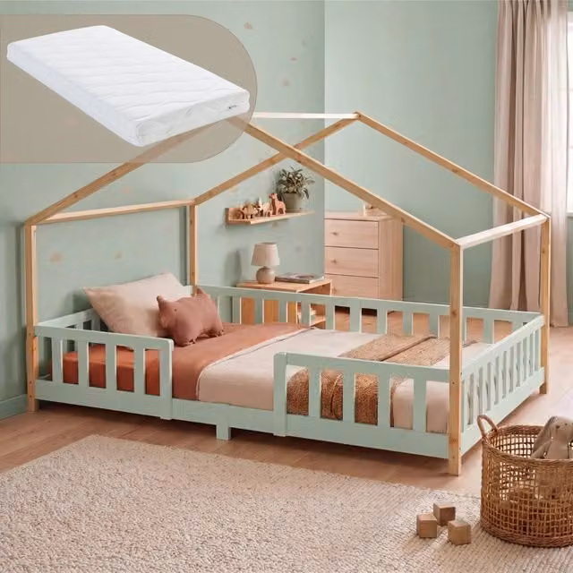 Letto per cameretta Treviolo a forma di casetta in stile Montessori con materasso en.casa, Verde Menta e Beige, L/P/H: 200 x 140 x 146 cm – 1