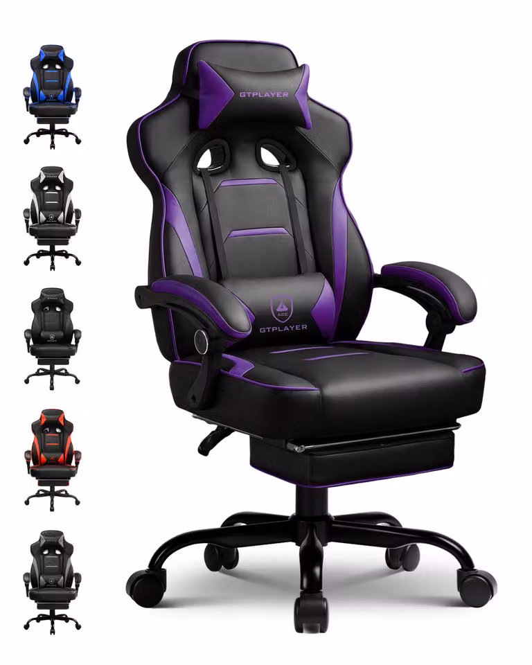 Sedia da gaming GTPLAYER con poggiapiedi, sedia da ufficio ergonomica con capacità di carico di 150 kg, poltrona da gaming con supporto lombare e poggiatesta, sedia da computer regolabile in altezza