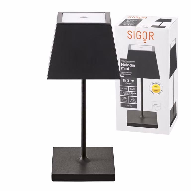 Sigor Nuindie Mini lampada da tavolo ricaricabile IP54 alluminio Easy Connect nero angolare