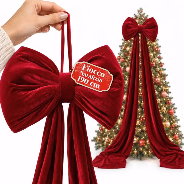 Fiocco Grande in Velluto Rosso Saint Joy per Decorazioni Natalizie, L: 190 cm