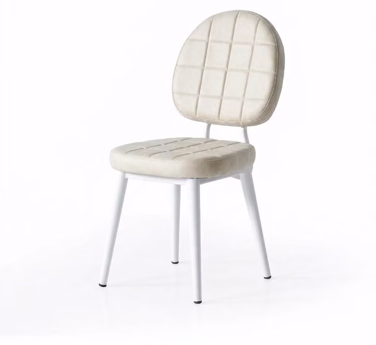 Sedia beige, comoda, morbida, in tessuto e metallo, in stile moderno, confortevole