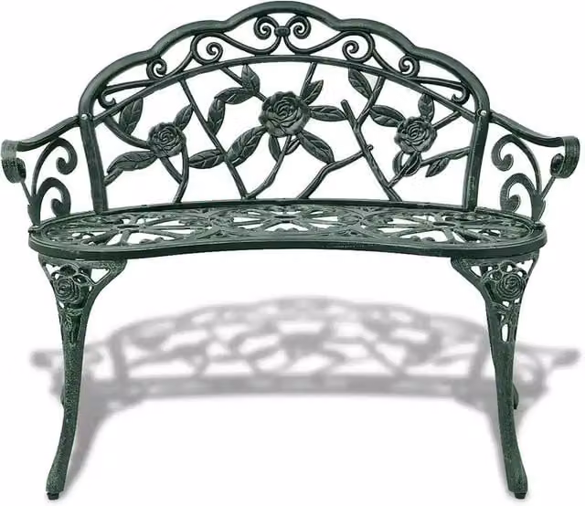 Panchina da giardino in alluminio pressofuso verde con braccioli e design floreale