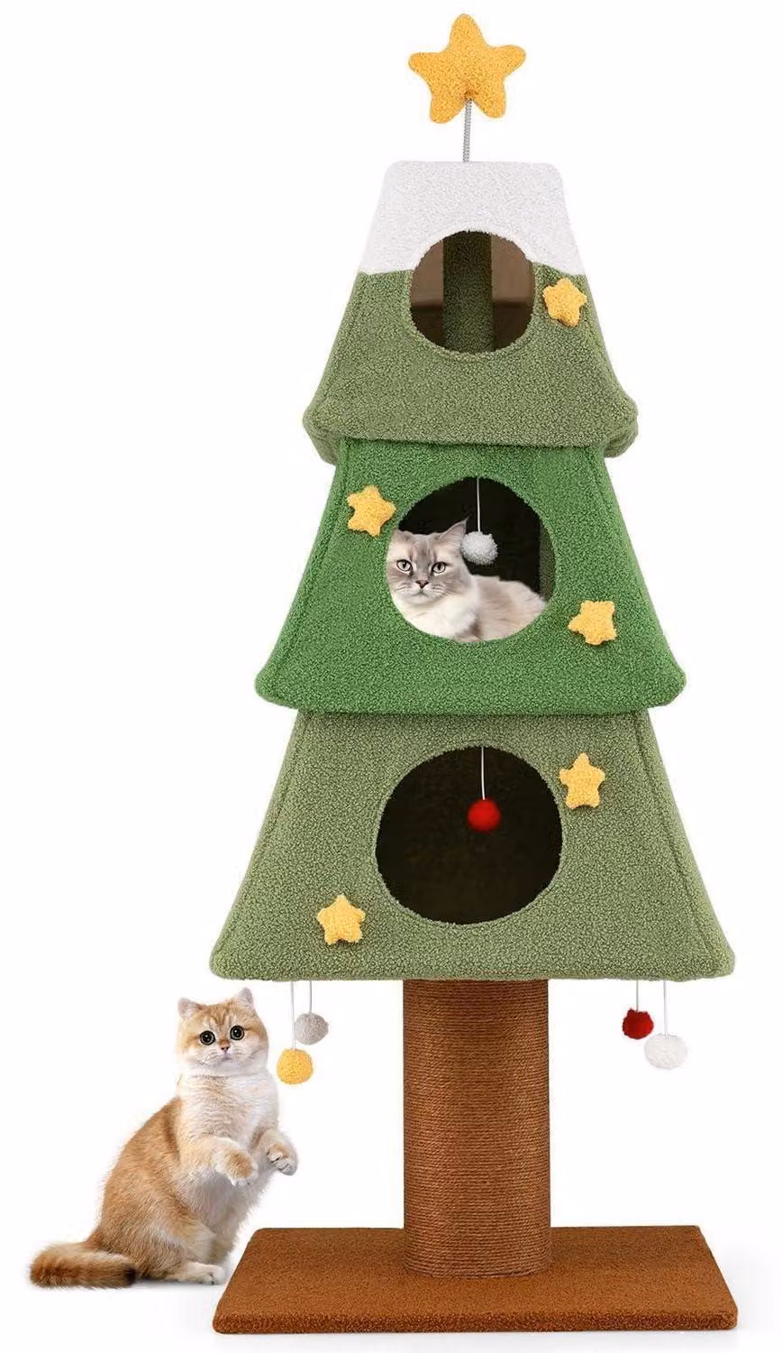 Kratzbaum natalizio, altezza 162 cm. Albero di Natale con rifugio per gatti, dotato di 3 nascondigli e piattaforme, rivestito in sisal e peluche, completo di giocattoli