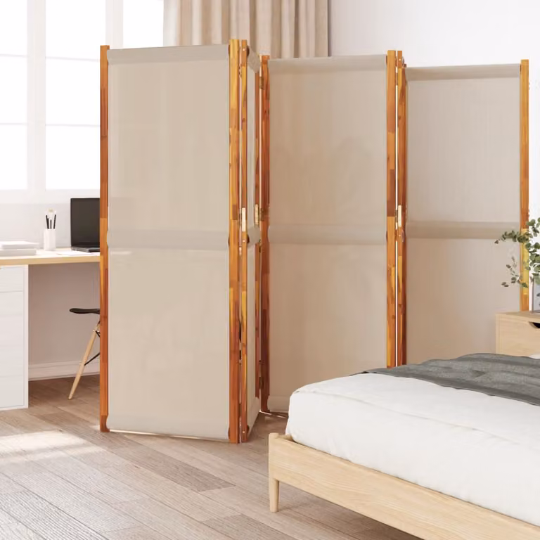 Divisorio a 5 Pannelli vidaXL in Legno di Acacia Oliato, Colore Tortora, L 350 x H 180 cm
