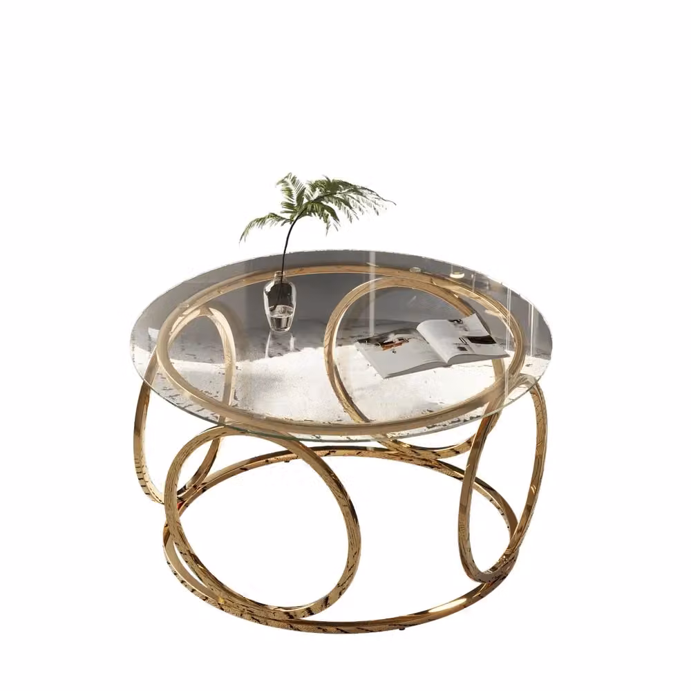 Tavolo Rotondo Moderno Minimal con Piano in Vetro Trasparente e Telaio in Metallo Oro, Diametro: 80 cm – 2