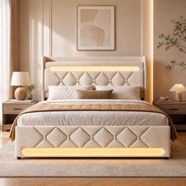 Letto matrimoniale 160x200 cm in lino beige con contenitore idraulico; LED 360掳; USB e Type-C