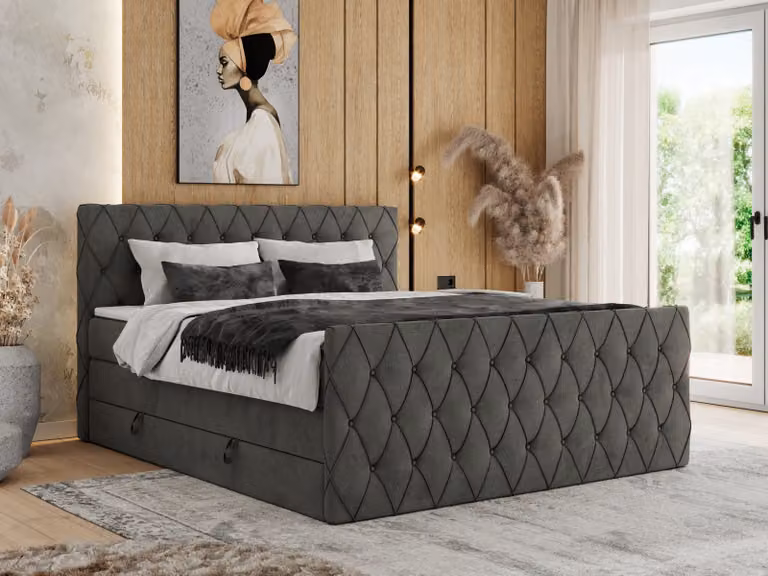 Letto con rete a molle MKS MEBLE, 140 x 200 cm, con contenitore, letto 140 x 200 cm con materasso H4, letto con rete a molle 140 x 200 cm con topper - Miren King Duo - Velluto grigio scuro - H4