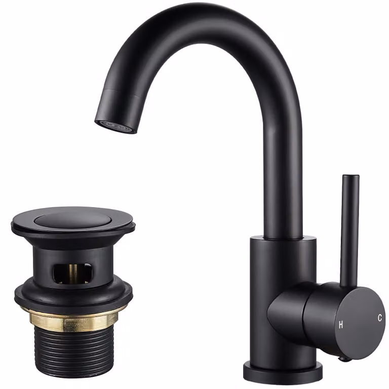 Miscelatore per lavabo, nero, in ottone, girevole a 360°, con tappo a scomparsa