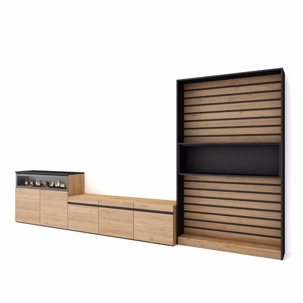 Mobile TV per soggiorno SKRAUT HOME con camino elettrico e illuminazione integrata, Rovere e nero, L: 360 cm, P: 35 cm, H: 186 cm – 2
