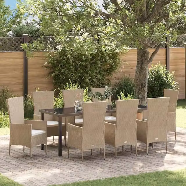 Set da Pranzo per Giardino e Terrazzo vidaXL in Polyrattan Beige con Tavolo in Vetro e 9 Pezzi – 1