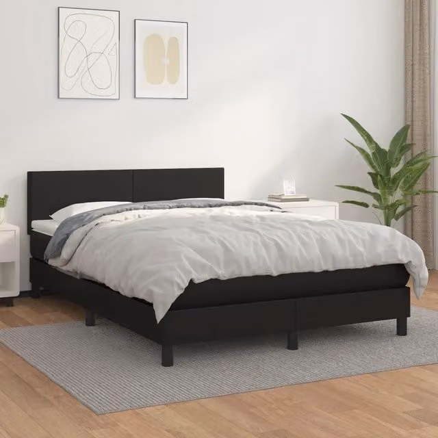 Letto matrimoniale con giroletto a molle e materasso ibrido vidaXL in similpelle nero, L/P/H: 190 x 140 x 88 cm