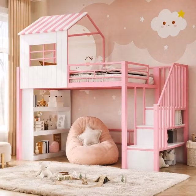 Letto a soppalco 90 × 200 cm con scala contenitore reversibile e scaffale, senza materasso, per bambini, rosa