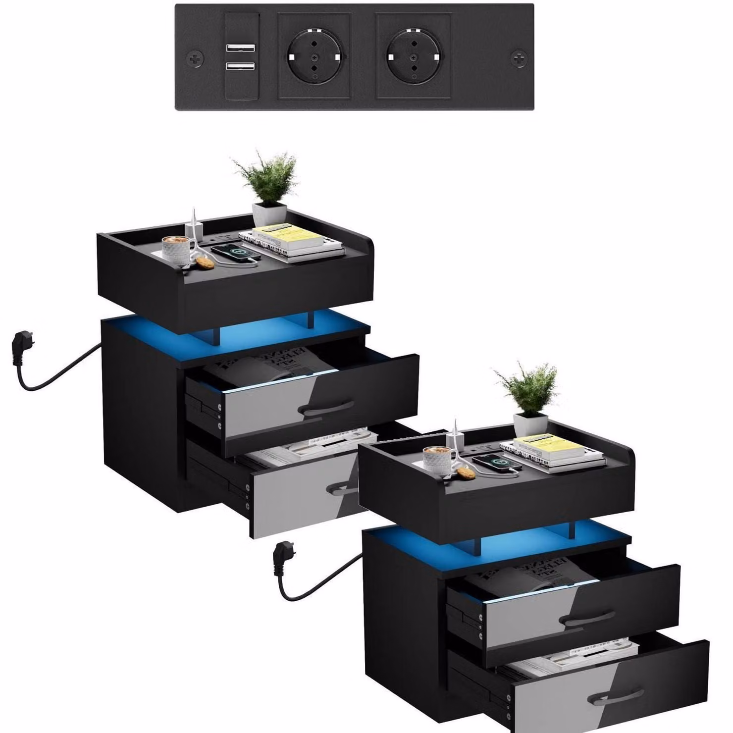 Set di due comodini neri con LED, presa di corrente e USB, 2 cassetti, dimensioni 45x35x52 cm