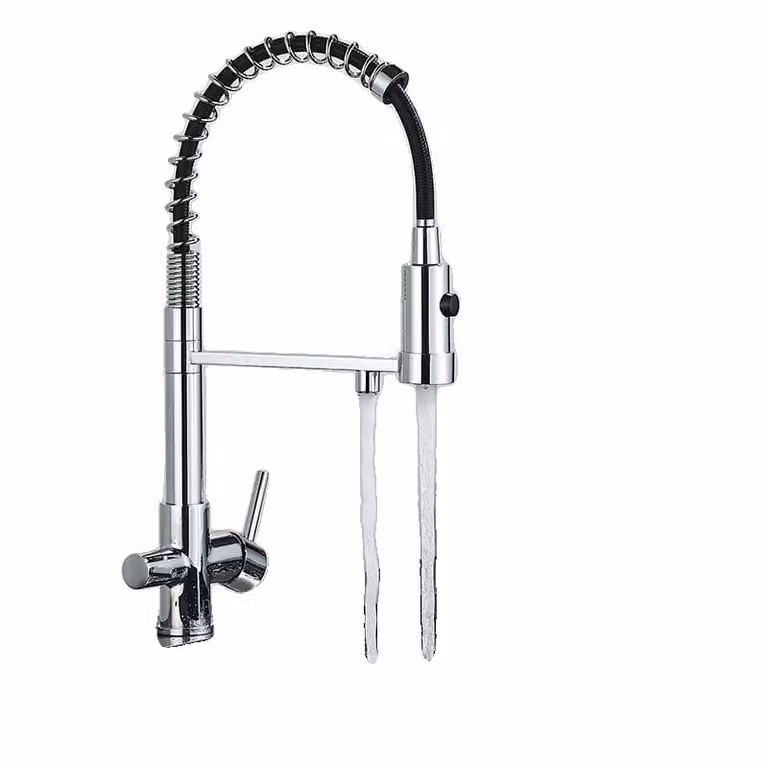 Miscelatore da cucina filtrato, design a due maniglie, erogatore estraibile, finitura cromata