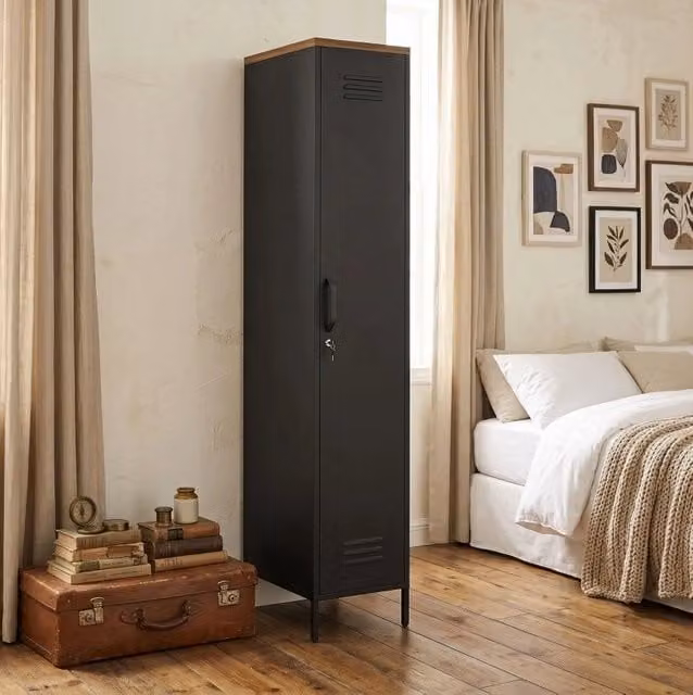 Armadio guardaroba in metallo nero 183x35x46 cm con 4 ripiani regolabili e serratura
