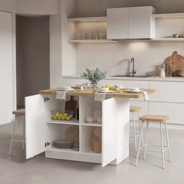 Isola da cucina DMORA moderna con ante a battente e ripiani interni, disponibile in bianco o rovere lucido, L: 130 cm, P: 80 cm, H: 90 cm