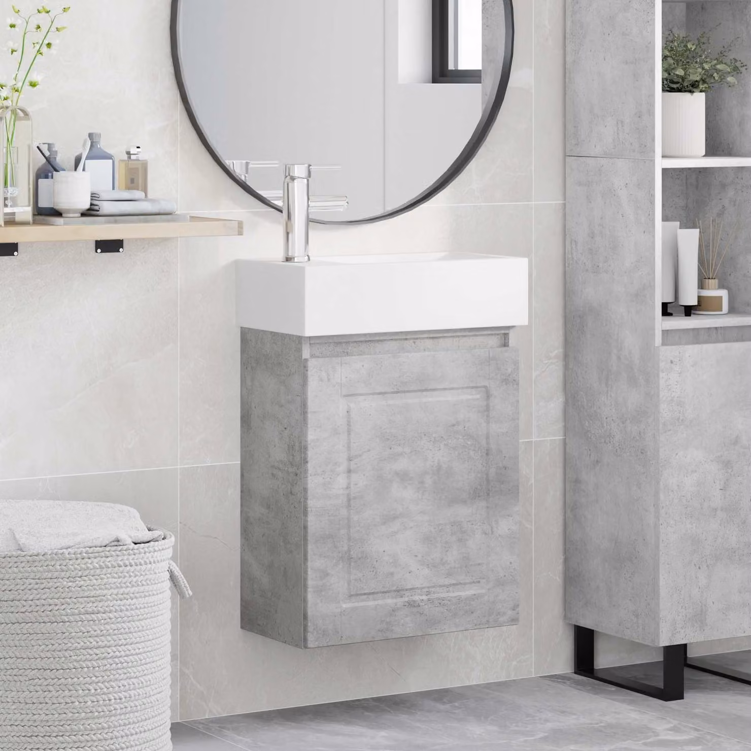 Mobile bagno vidaXL con rubinetto, design moderno in grigio cemento, L: 45,5 cm, P: 22,5 cm, H: 84 cm