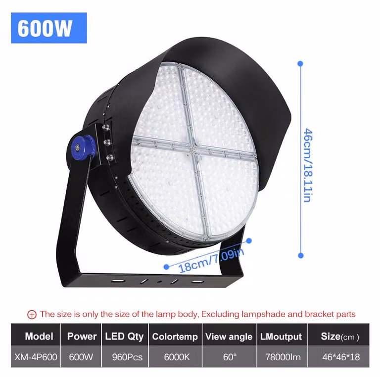Faretto LED per stadi - XM-4P600W - 600 W - Luce bianca fredda (6000K) - 130 lm/W - Angolo di illuminazione di 60° - Grado di protezione IP65 (resistente all'acqua) - Supporto regolabile - 220 V AC