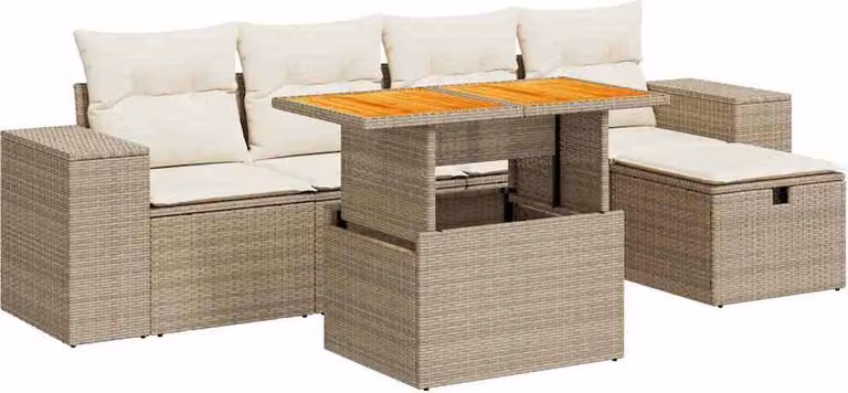Set Divano da Giardino 6 pz con Cuscini Beige Polyrattan Acacia